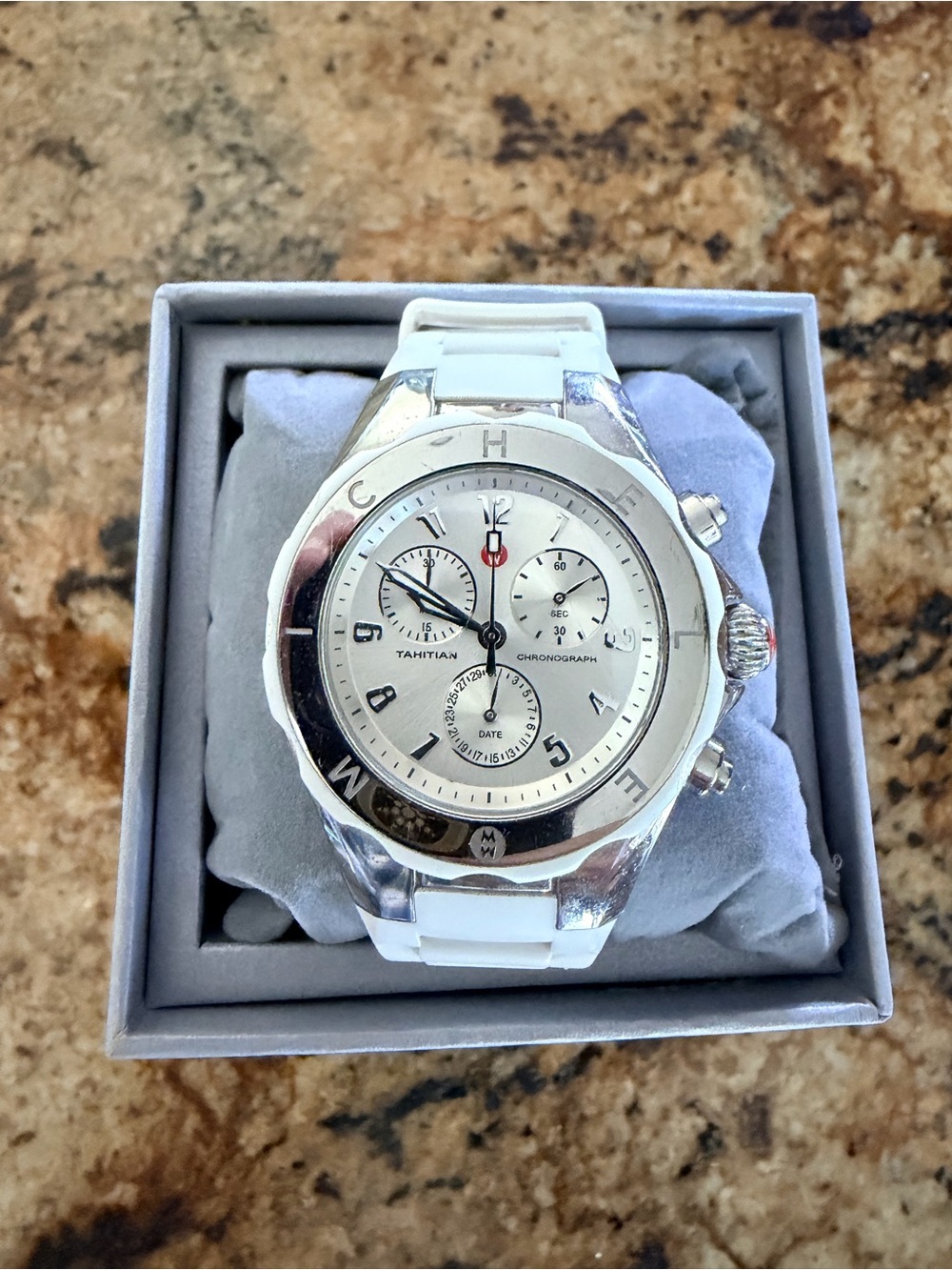 Michele White and Silver Jellybean Tahitian Chronograph Sport Watch Women’s